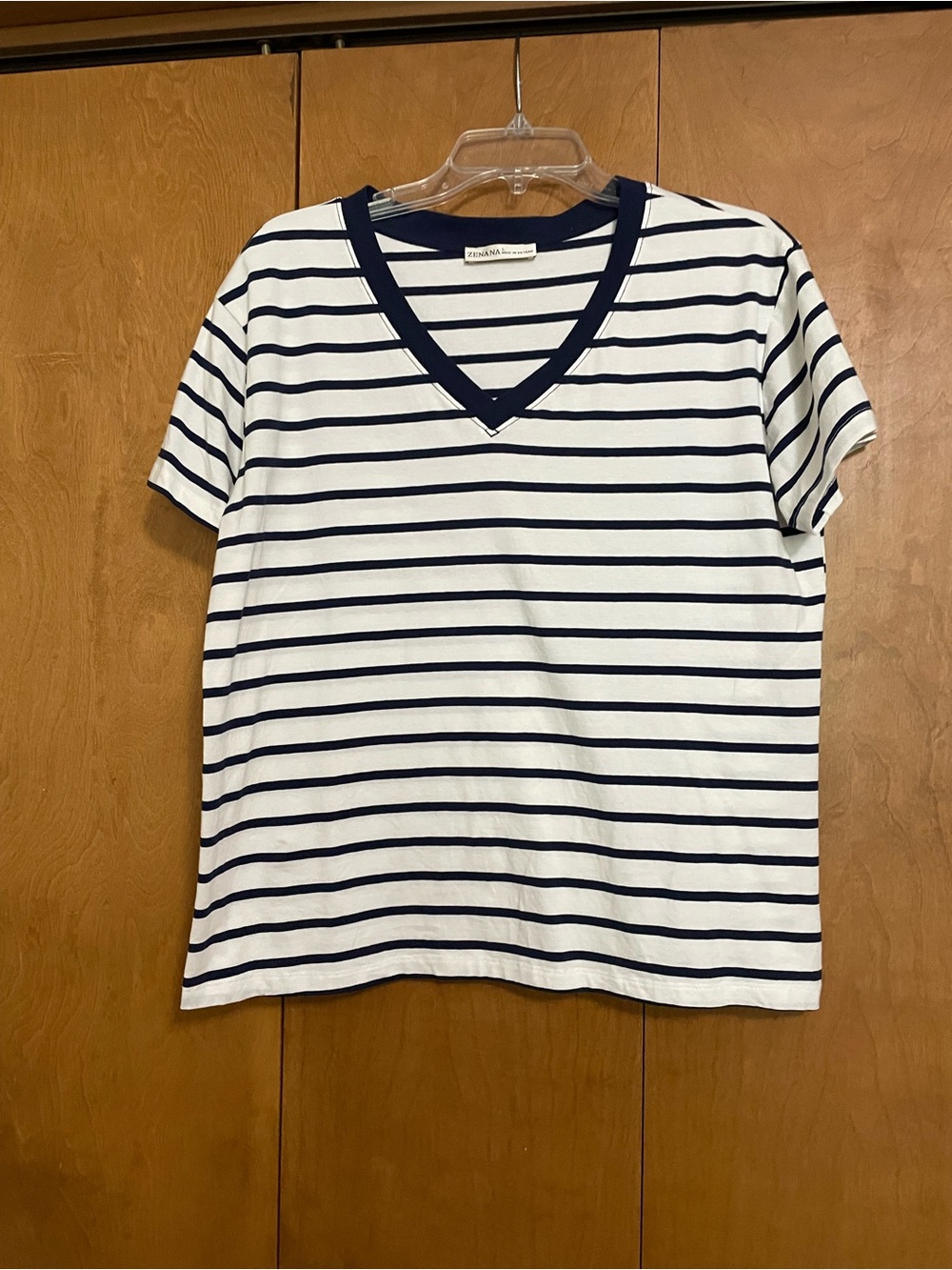 Zenana Outfitters White & Navy Striped V-Neck Tee